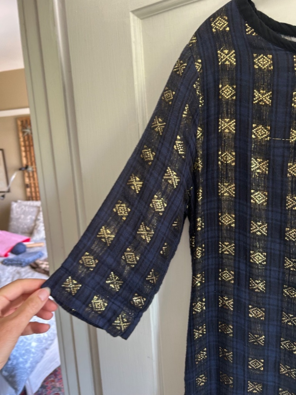 Navy and Gold Indian Cotton Dress - Picture 2 of 9